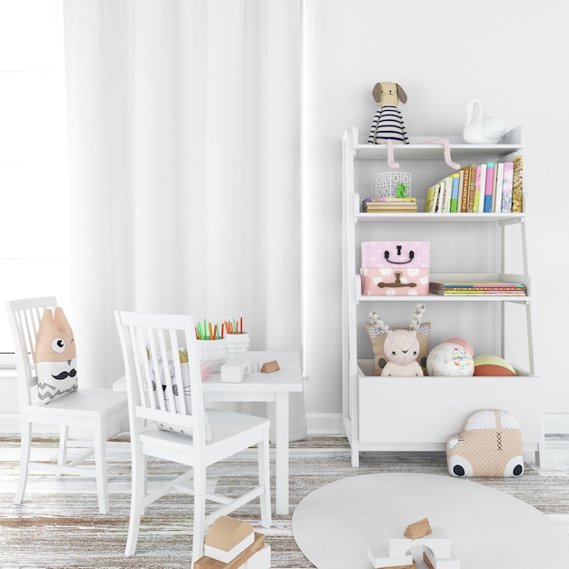 Cocina de estilo minimalista se puede ver un pequeño refrigerador blanco  junto a una ventana, una mesa de comedor con asientos blancos, estantes para  vajilla y una habitación vacía