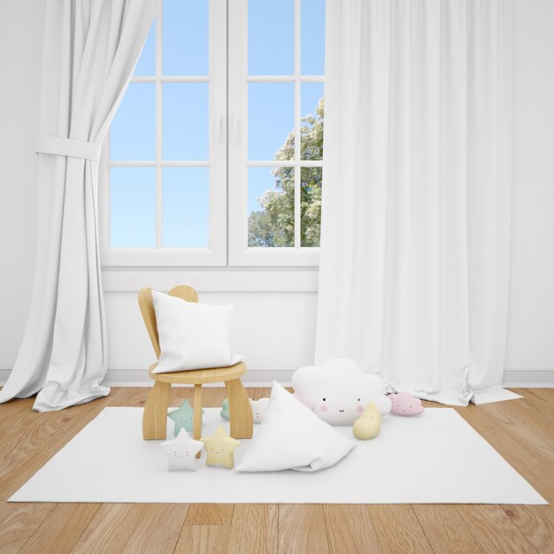 habitación infantil con sillita y ventana blanca