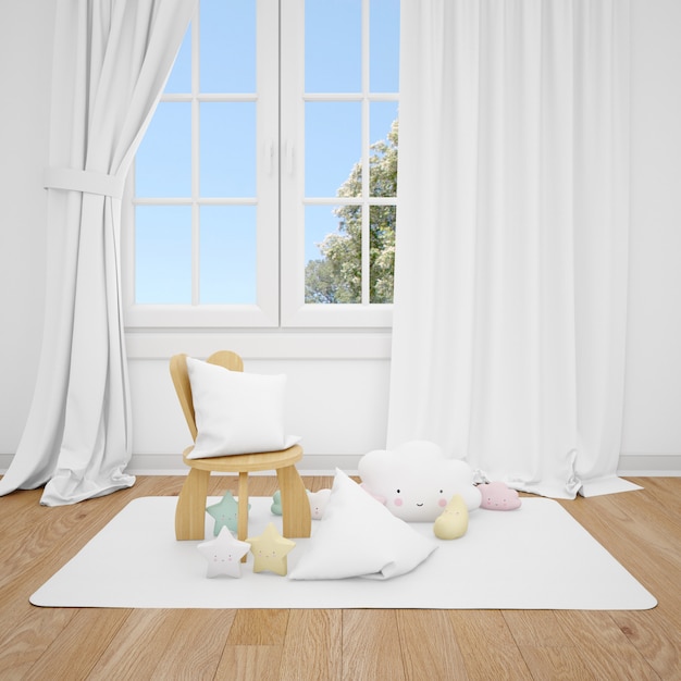 habitación infantil con sillita y ventana blanca