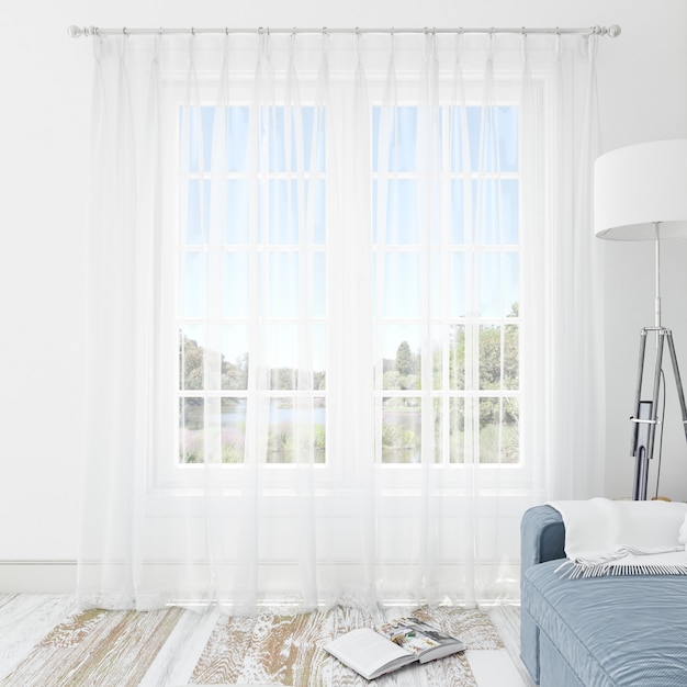 Habitación interior con cortinas blancas.