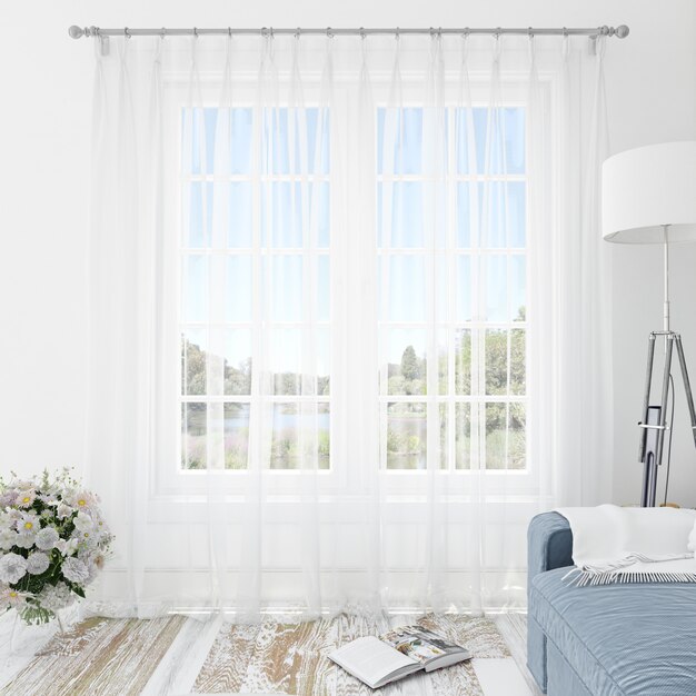 Habitación interior con cortinas blancas.