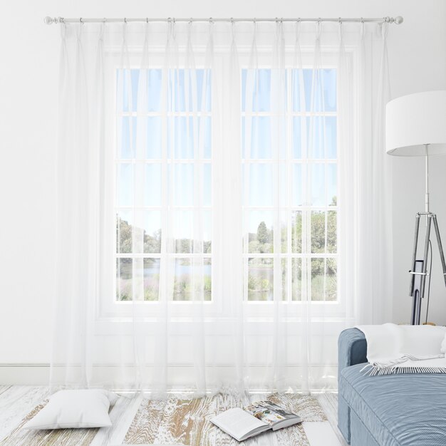 Habitación interior con cortinas blancas.