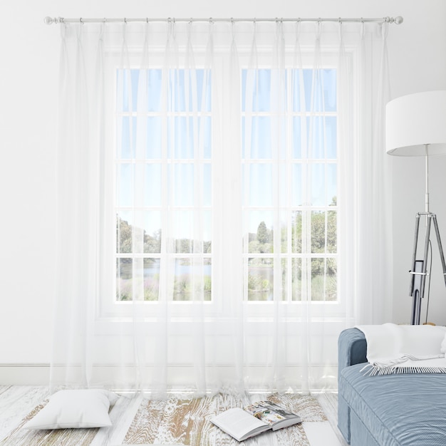 Habitación interior con cortinas blancas.