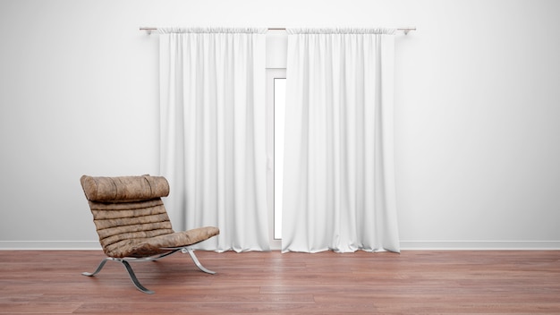 PSD gratuito habitación con sofá vintage junto a la ventana con cortinas blancas.