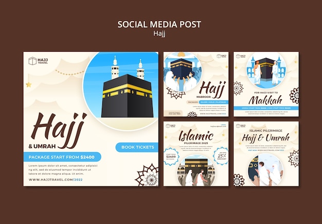 Gratis PSD hajj instagram plaatst een verzameling met mekka en biddende mensen