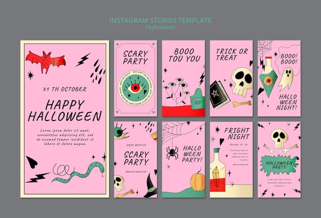 Gratis PSD halloween instagram verhalencollectie met glanzende textuur