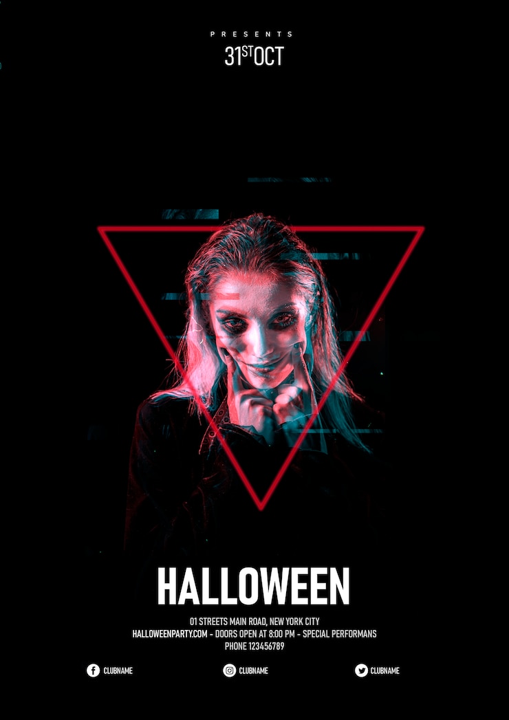 Gratis PSD halloween-make-upvrouw in een driehoek en glitch effect