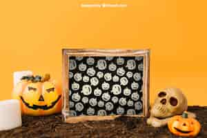 Gratis PSD halloween mockup met leisteen en pompoen decoratie