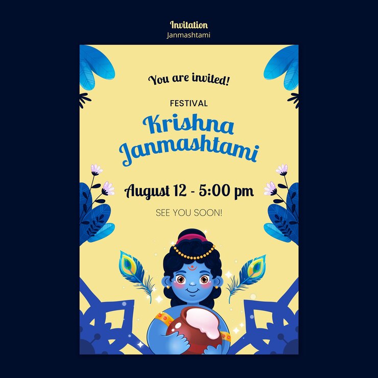 PSD Gratis hand drawn janmashtami celebration invitation template