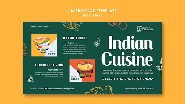Hand getekend indiaas eten menu facebook sjabloon