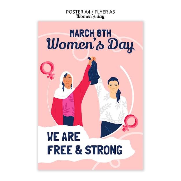 Gratis PSD hand getekend platte vrouwendag poster flyer sjabloon