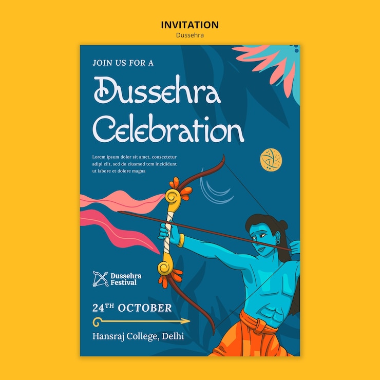 Gratis PSD hand getrokken dussehra viering uitnodiging sjabloon