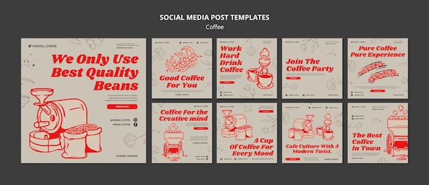 Gratis PSD hand getrokken koffie instagram posts sjabloon