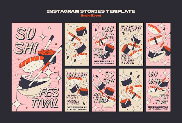 Gratis PSD hand getrokken sushi evenement instagram verhalen sjabloon