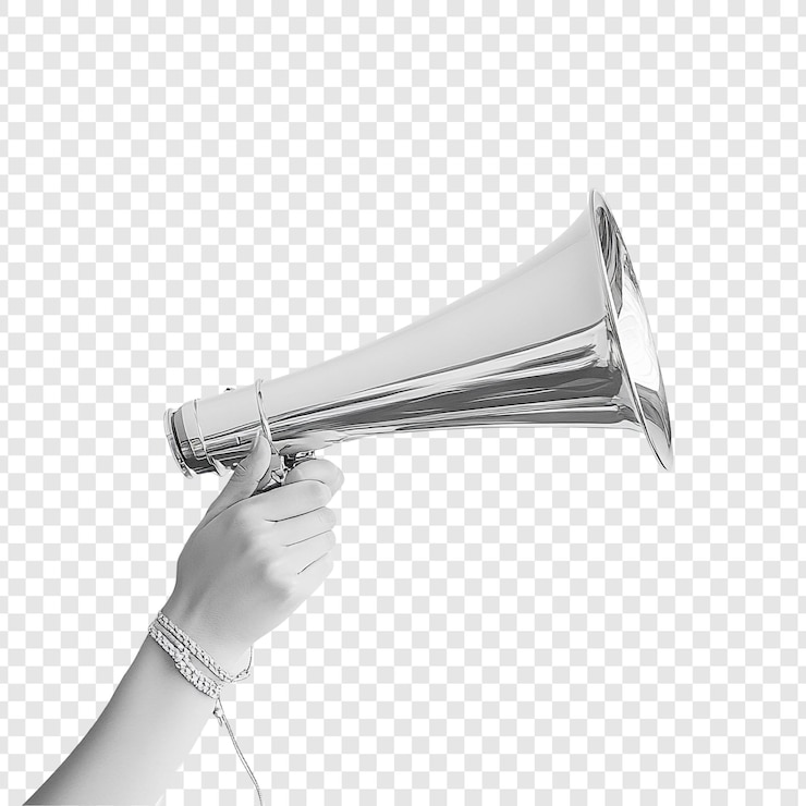 PSD Gratis hand holding a metallic megaphone announcing a message