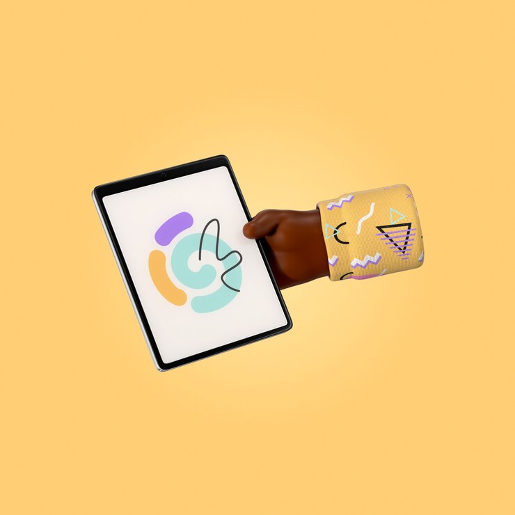 PSD Gratis hand holding a tablet with colorful drawing on a yellow background