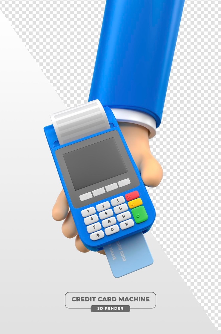 PSD Gratis hand holding blue payment terminal with credit card in 3d render with transparent background