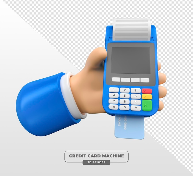 PSD Gratis hand holding blue payment terminal with credit card in 3d render with transparent background