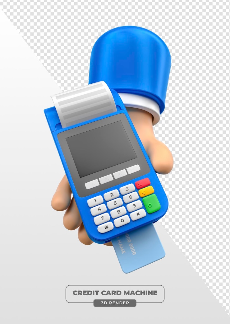 PSD Gratis hand holding blue payment terminal with credit card in 3d render with transparent background
