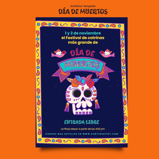 Gratis PSD handgetekende dia de muertos uitnodigingssjabloon