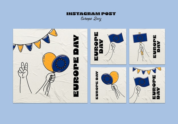 Gratis PSD handgetekende instagram-berichten voor de dag van europa