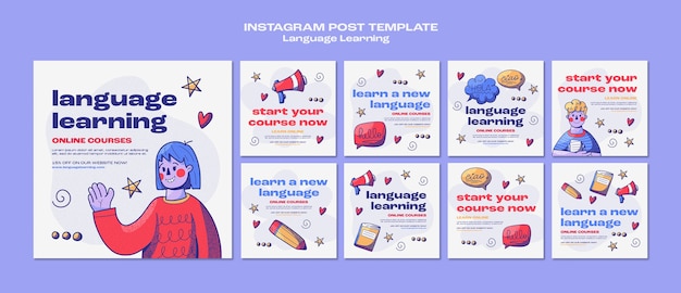 Gratis PSD handgetekende instagram-berichten voor het leren van talen