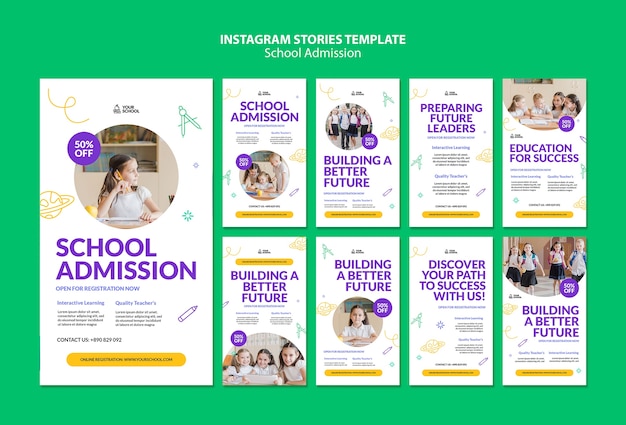 Gratis PSD handgetekende instagram-verhalen over schooltoelating