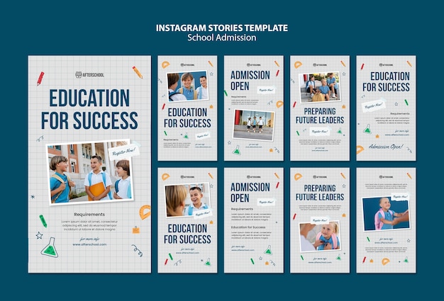 Gratis PSD handgetekende instagram-verhalen over schooltoelating