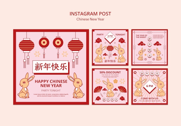 Gratis PSD handgetekende instagramposts voor chinees nieuwjaar