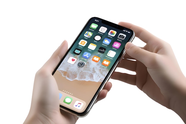 Gratis PSD hands holding phone x met apple music applicatie op het scherm telefoon werd gemaakt en ontwikkeld door de apple inc