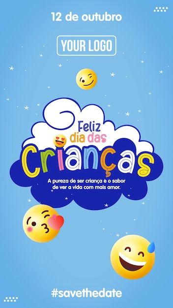 Gratis PSD happy children's day social media-verhalen voor braziliaanse marketingcampagne in het portugees