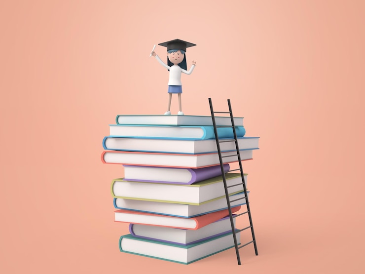 PSD Gratis happy excited girl graduate in a graduation cap on her head standing on stack of books isolated background
