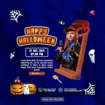 Happy halloween social media banner template met 3d object rendering premium psd