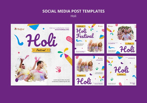 Happy holi festival publicaciones en redes sociales