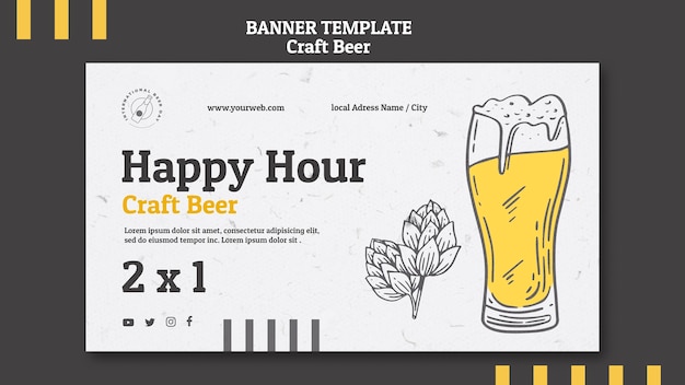 Happy hour de cerveza artesanal y banner de vidrio.
