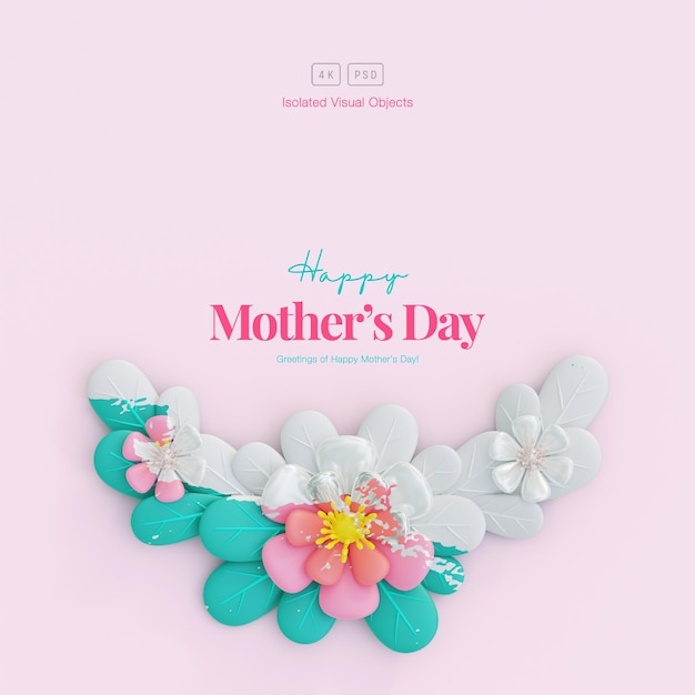 Gratis PSD happy mother's day begroeting achtergrond versierd met schattige bloemen en bladeren