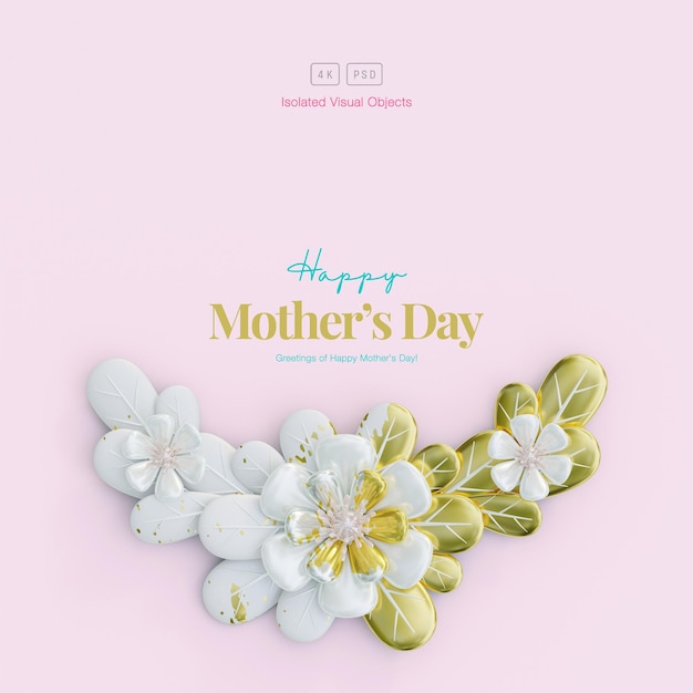 Gratis PSD happy mother's day begroeting achtergrond versierd met schattige gouden bloemen en bladeren