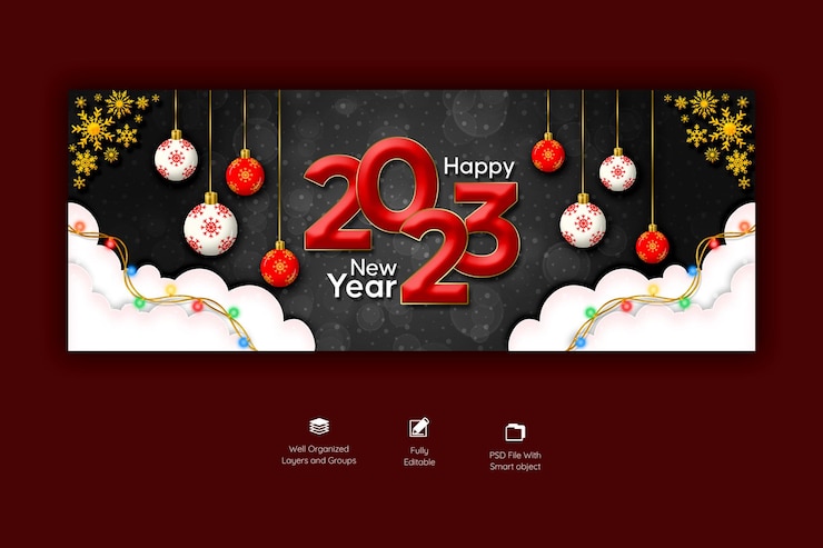 PSD Gratis happy new year 2023 and merry christmas facebook cover template