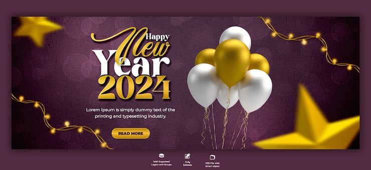 PSD Gratis happy new year 2024 celebration facebook cover post design template
