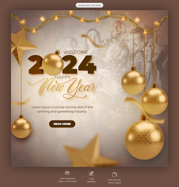 Gratis PSD happy new year 2024 social media post design of banner sjabloon