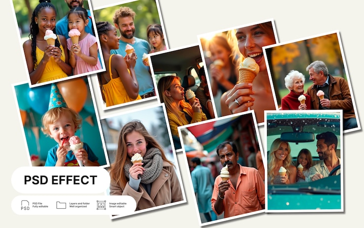 PSD gratuito happy people eating ice cream in a summer photocall collage effect