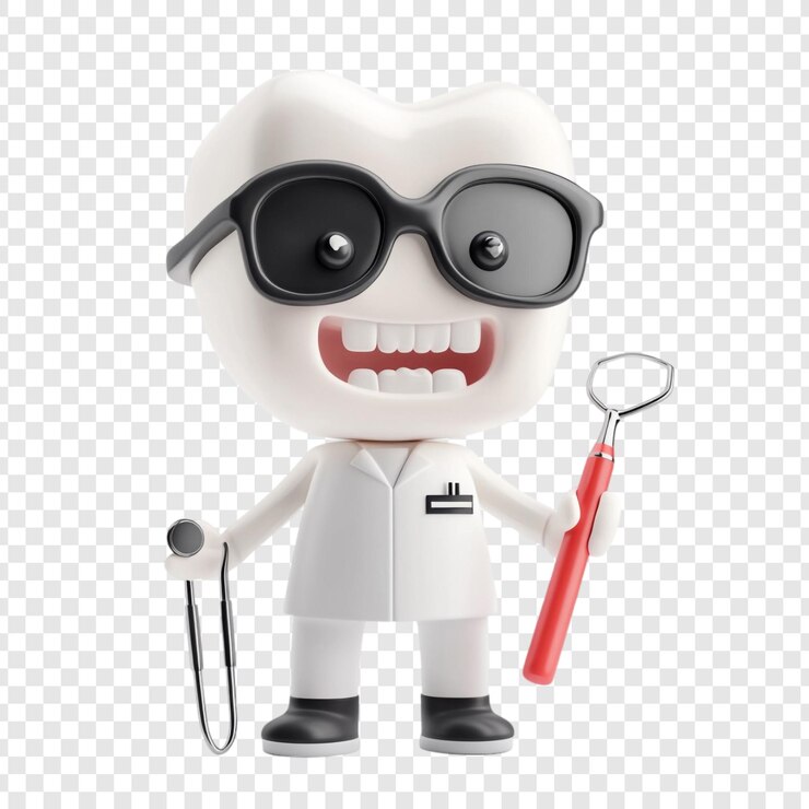 PSD Gratis happy tooth dentist cartoon character holding tools smiling cheerfully
