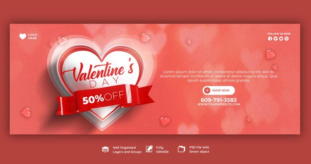 Gratis PSD happy valentine's day kortingsuitverkoop facebook-omslag en postsjabloon voor sociale media