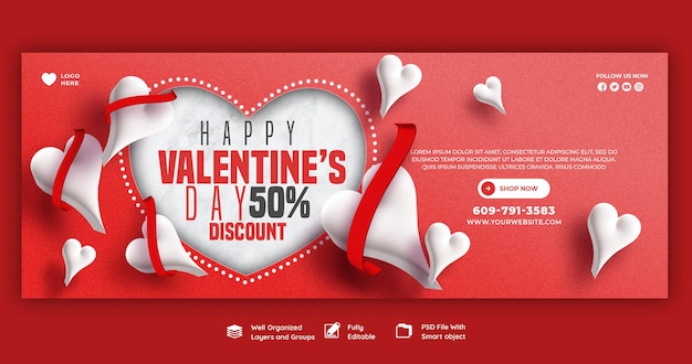 Gratis PSD happy valentine's day kortingsuitverkoop facebook-omslag en postsjabloon voor sociale media