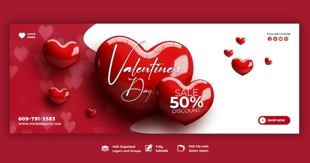 Gratis PSD happy valentine's day kortingsuitverkoop facebook-omslag en postsjabloon voor sociale media