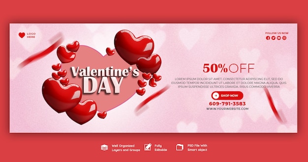 Gratis PSD happy valentine's day kortingsuitverkoop facebook-omslag en postsjabloon voor sociale media