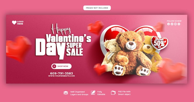 Gratis PSD happy valentine's day kortingsuitverkoop facebook-omslag en postsjabloon voor sociale media