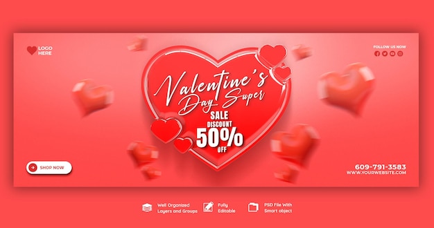 Gratis PSD happy valentine's day kortingsuitverkoop facebook-omslag en postsjabloon voor sociale media