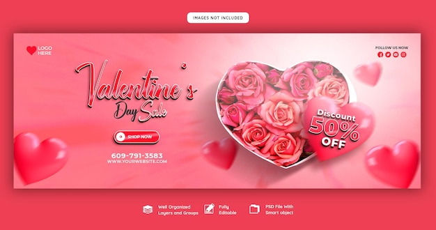 Happy valentine's day kortingsuitverkoop facebook-omslag en postsjabloon voor sociale media