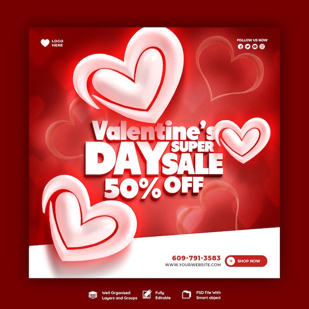 Gratis PSD happy valentine's day kortingsverkoop instagram of social media postsjabloon